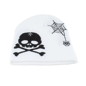 Detail of white knit beanie featuring black skull and spider web graphic embroidery