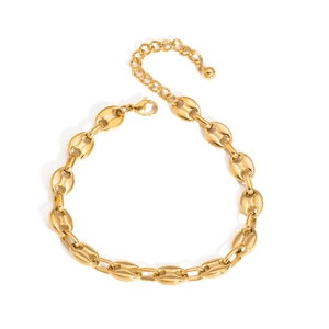 Golden stainless steel coffee bean link anklet with adjustable extender on white background