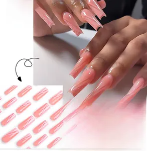 Detailed view of long ballerina pink press-on nails with glitter gradient and white lines