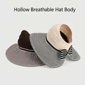Striped wide brim open top sun hat with large bow decoration for summer outdoor protection
