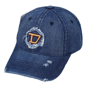 Berretto da baseball in denim blu scuro con toppa ricamata a lettera D arancione