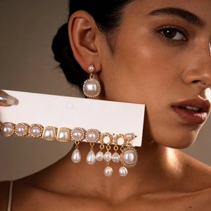 Detailed view of vintage baroque pearl earrings set with gold plating and rhinestones