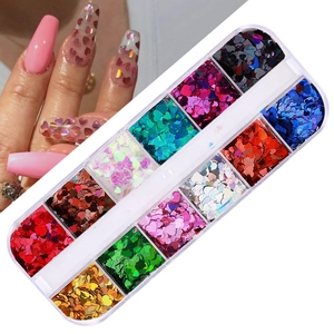 Detail of 12-compartment nail art box featuring colorful heart-shaped glitter sequins