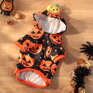 Detail of Halloween pumpkin print dog hoodie with 3D plush pumpkin on wooden background
