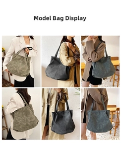 Detailed views of vintage large capacity tote bags in olive green, dark grey, and blue grey