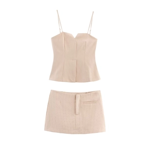 Top Cami À Rayures Et Fines Bretelles Pour Femmes Et Mini Jupe-Culotte Short Mélange De Coton Tenues Décontractées