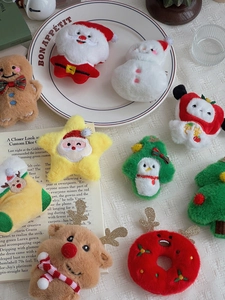 Detail of Christmas plush accessories including Santa and reindeer with embroidery