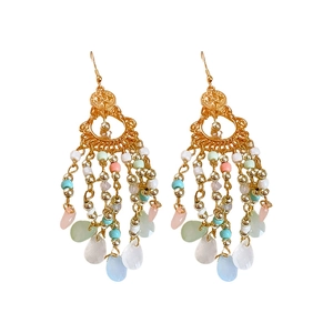 Bohemian colorful crystal bead tassel drop earrings with vintage gold metal accents