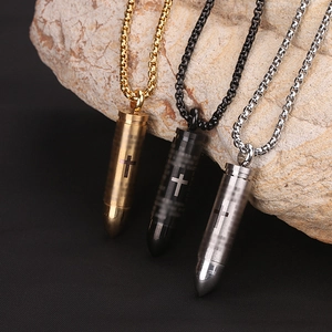 Titanium steel bullet pendant necklaces in gold, black, and silver with cross engraving