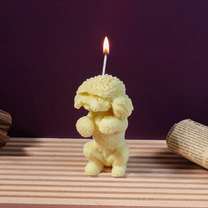 Detail of lit standing teddy dog candle showing curly fur texture on wooden tray