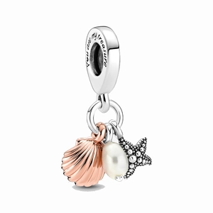 Ocean-themed charm pendant with silver starfish, rose gold shell, and pearl charm