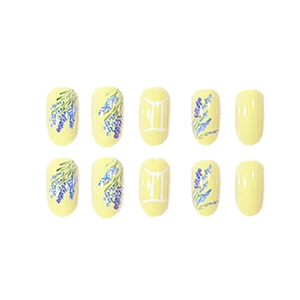 Elegant lavender and yellow round press-on nails set with floral patterns for women