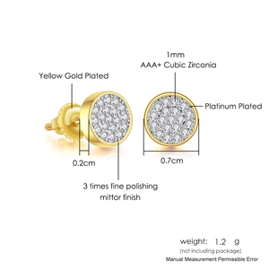 Hip hop round iced out stud earrings with gold plating and AAA+ cubic zirconia