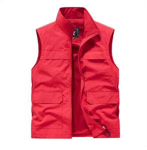 Detail of red outdoor vest with standing collar, multi-pockets, and mesh lining