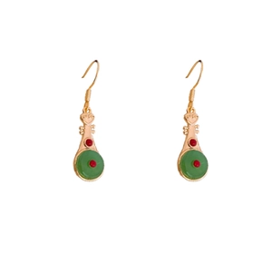 Traditional gold-plated lute earrings with green imitation jade stones and red beads
