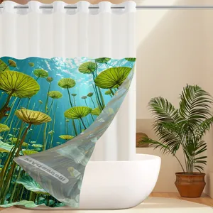 Detail of waffle weave shower curtain with metal grommets and lily pad pattern