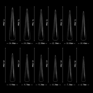 Size chart showing 12 sizes of extra long 5XL clear stiletto nail tips in mm with dimensions