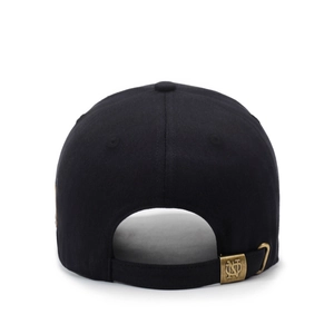 Back view of black cotton baseball cap with adjustable metal buckle and embossed logo