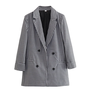 Women's black and white checkered double-breasted blazer with rolled sleeves and S label