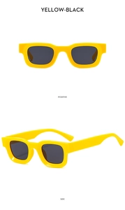 Detailed front and side views of yellow rectangular sunglasses with black lenses