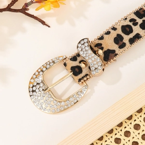 Leopard print belt with rhinestone buckle and gold chain trim for women fashion