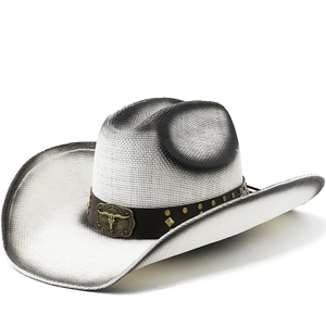 Western Cowboy Straw Hat Wide Brim Sun Protection Outdoor Summer Vintage Woven With Bull Head Skull Belt For Men Women