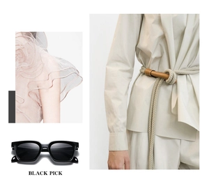 Square black matte sunglasses shown in a minimalist editorial fashion style collage