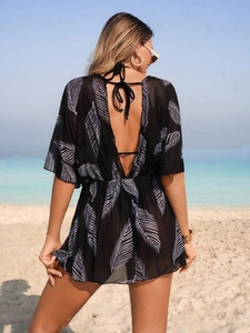 Elegant black floral beach cover-up with V-neck and open back waist tie design