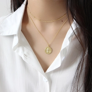 Collier double rang en argent S925 doré avec pendentif pièce portrait de la reine