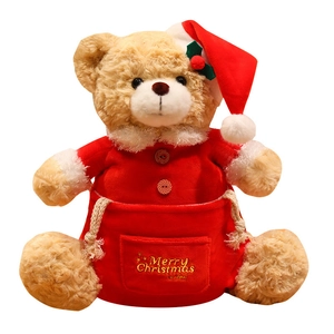 Christmas teddy bear plush toy with red hat and storage pocket for festive decor