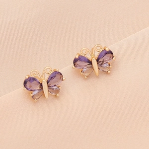 Fashion butterfly stud earrings with purple zircons and golden plating for women
