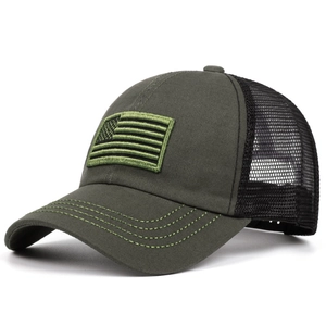 Army green mesh baseball cap featuring an American flag tactical patch and curved brim
