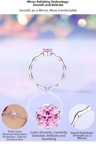 Detail view of pink cubic zirconia stone and bamboo-shaped silver band on finger