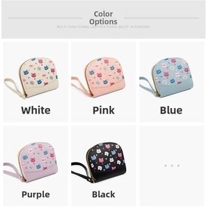 Collection of compact leather wallets with cartoon bear prints in five pastel colors