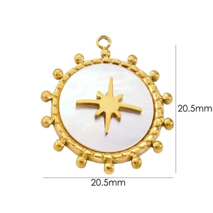 Detail view of 20.5mm round stainless steel pendant with white shell and star motif