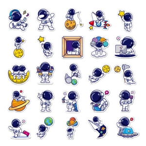 Detailed grid of 25 cute waterproof astronaut stickers for laptops and water bottles