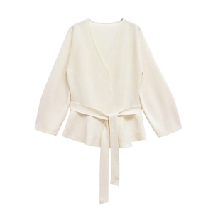 Off-white wrap knit cardigan with long sleeves, V-neck, and adjustable waist belt