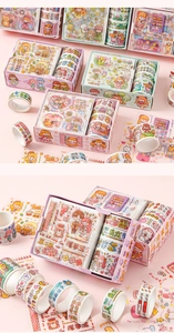 Close-up of cute cartoon washi tape and stickers in various colorful pastel patterns