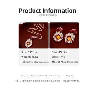 Detailed size and weight specs for vintage diamond rhombus jewelry set on silk background