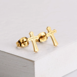 Minimalist gold titanium steel cross stud earrings with secure butterfly backs