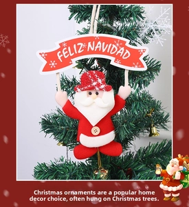 Detail of Santa ornament with Feliz Navidad banner and red checkered fabric hat decor