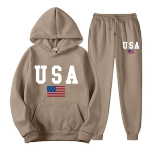 Ensemble sweat à capuche et pantalon kaki USA avec drapeau américain pour hommes