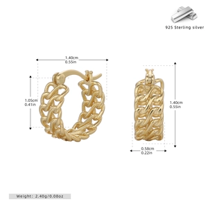 Technical drawing showing gold chain link hoop earrings dimensions and 925 silver material