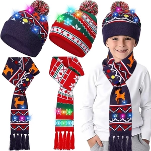 Christmas knitted hat and scarf set with LED lights and festive reindeer jacquard pattern