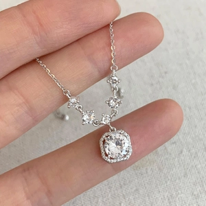 925 Sterling Silver Square Zirconia Pendant Necklace For Women Elegant White Gold Plated Halo Clavicle Chain Jewelry Gift