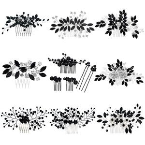 Vintage Handmade Black Rhinestone Hair Comb For Women Bridal Wedding Halloween Party Hair Accessories Imitation Artificial Pearl
