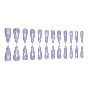 Macro display of 24-piece long stiletto holographic silver glitter press-on nails set