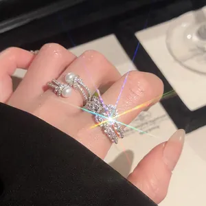 Elegant Oval Zircon Ring Faux Artificial Pearl Adjustable Opening Finger Jewelry Light Luxury Palace Style For Women