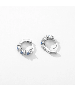 Detailed close-up of S925 sterling silver hoop earrings with blue and clear zircons