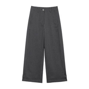 Dunkelgraue Nadelstreifen-Hose mit weitem Bein, hoher Taille und verstellbaren Schnallen